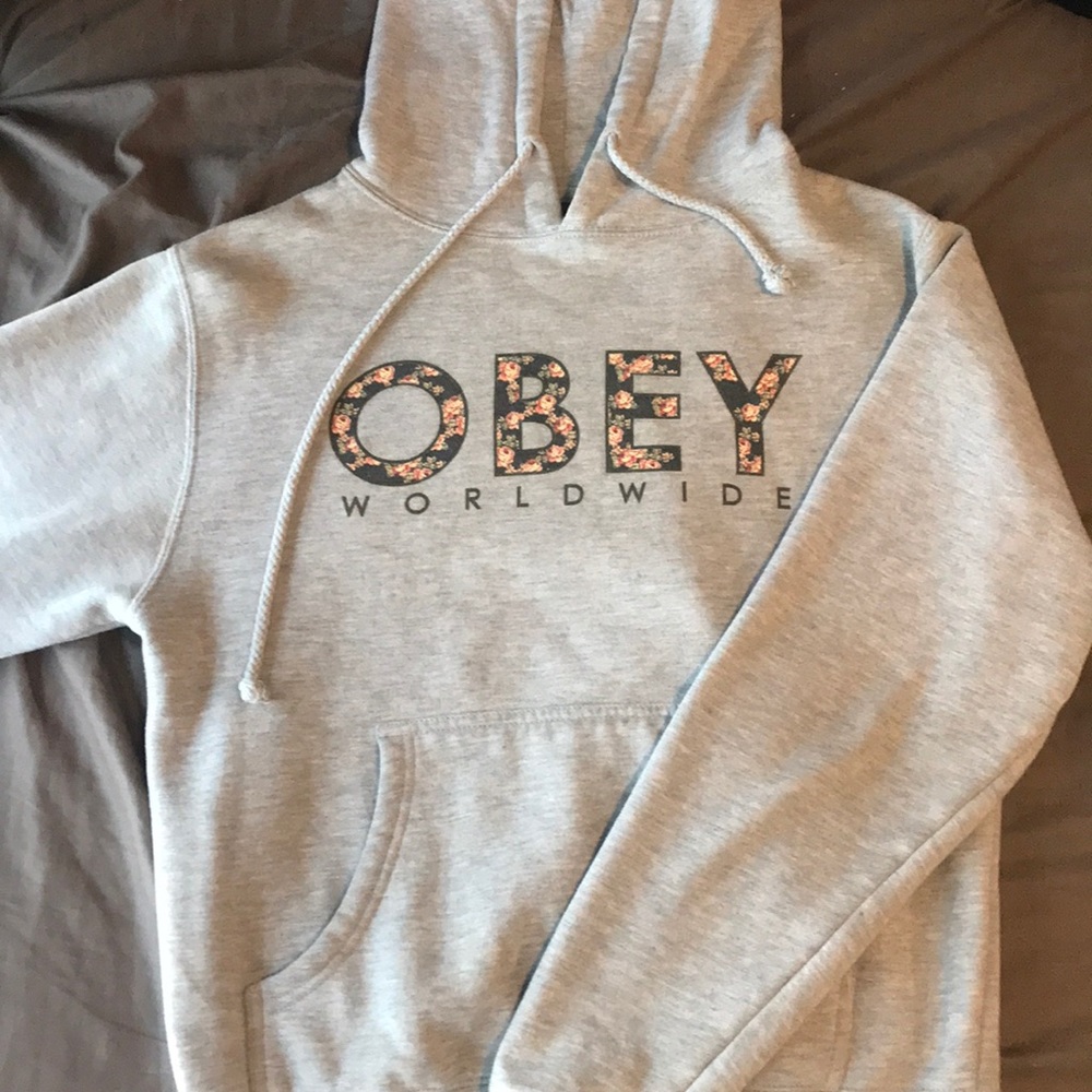 Obey gray hoodie with floral lettering